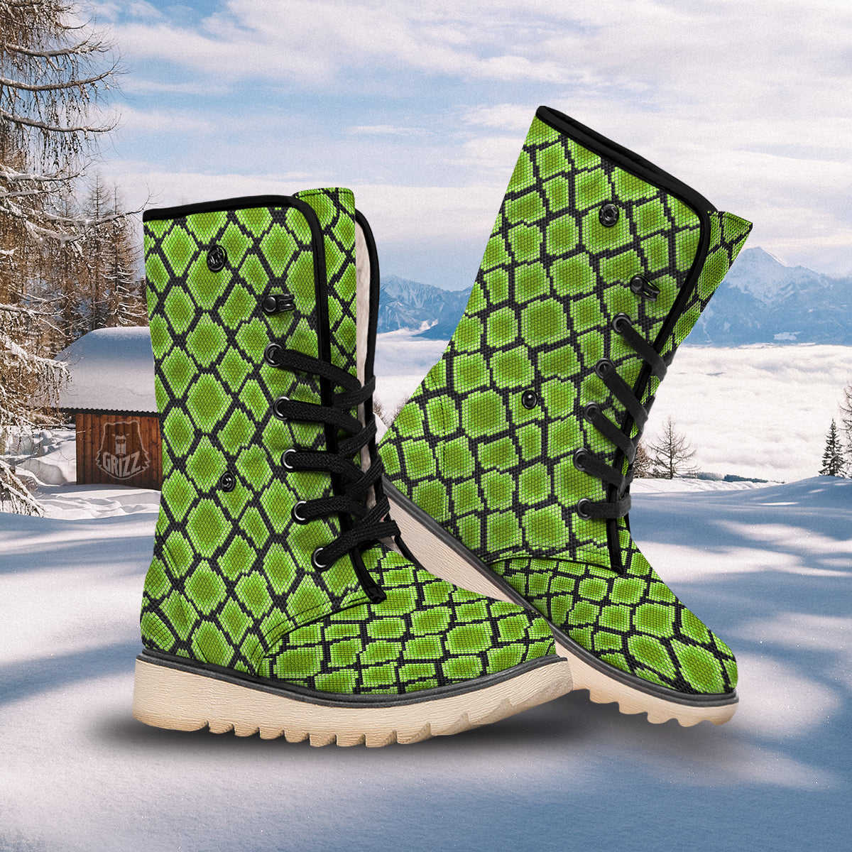 Snakeskin Black And Neon Green Print Snow Boots-grizzshop