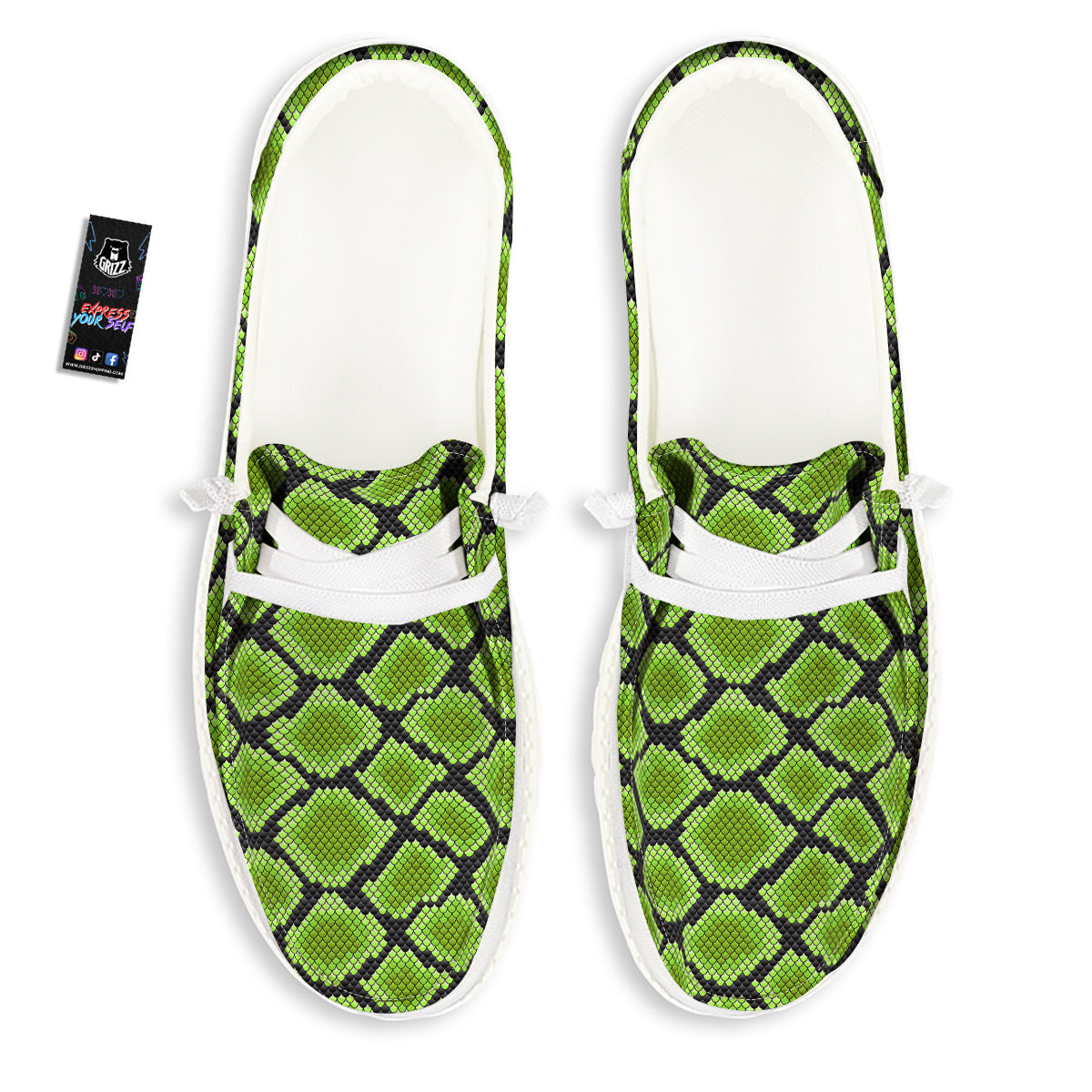 Snakeskin Black And Neon Green Print White Loafers-grizzshop