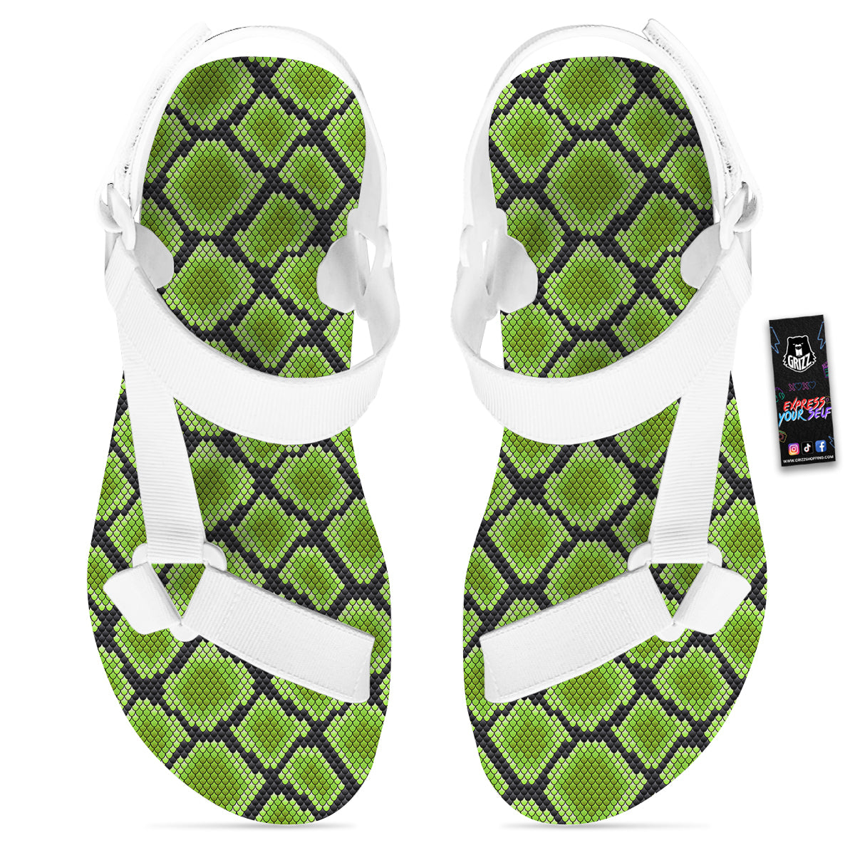 Snakeskin Black And Neon Green Print White Open Toe Sandals-grizzshop