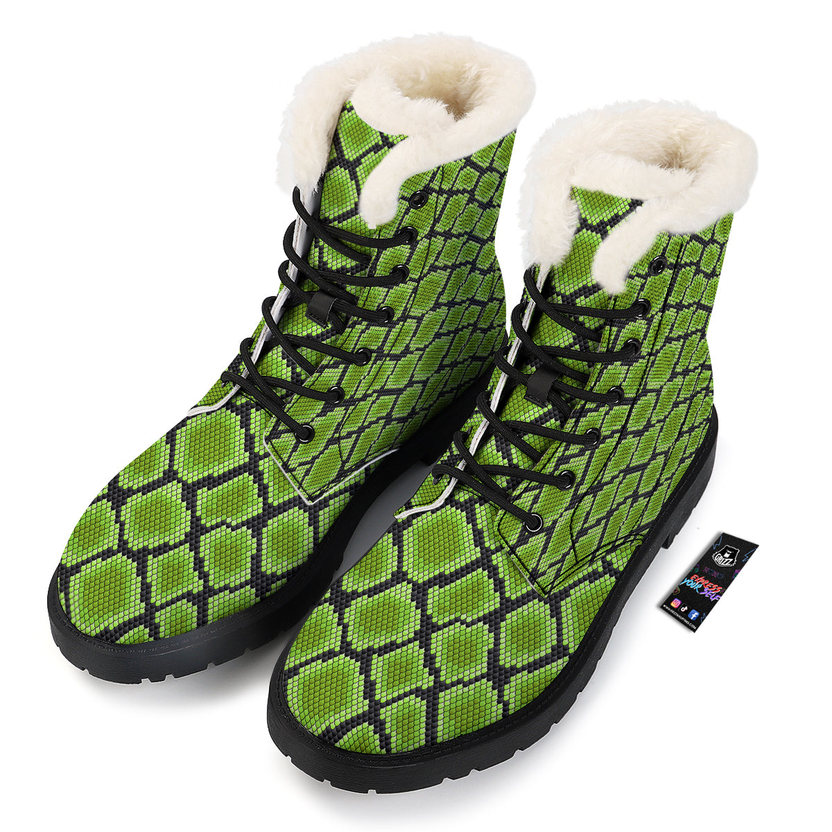 Snakeskin Black And Neon Green Print Winter Boots-grizzshop