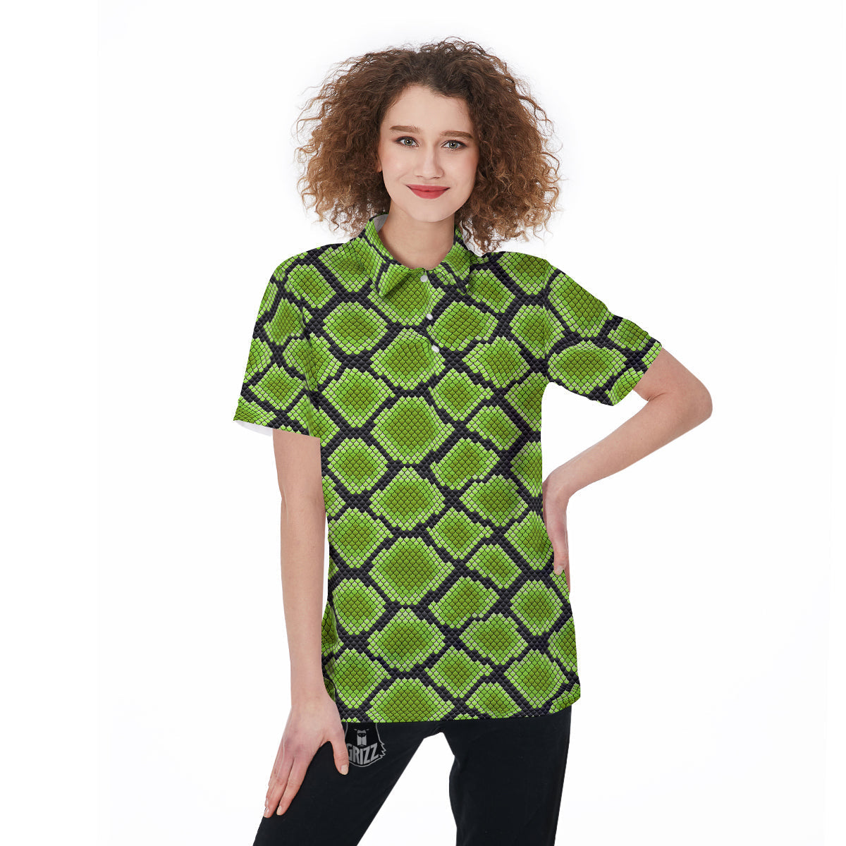 Snakeskin Black And Neon Green Print Women's Golf Shirts-grizzshop