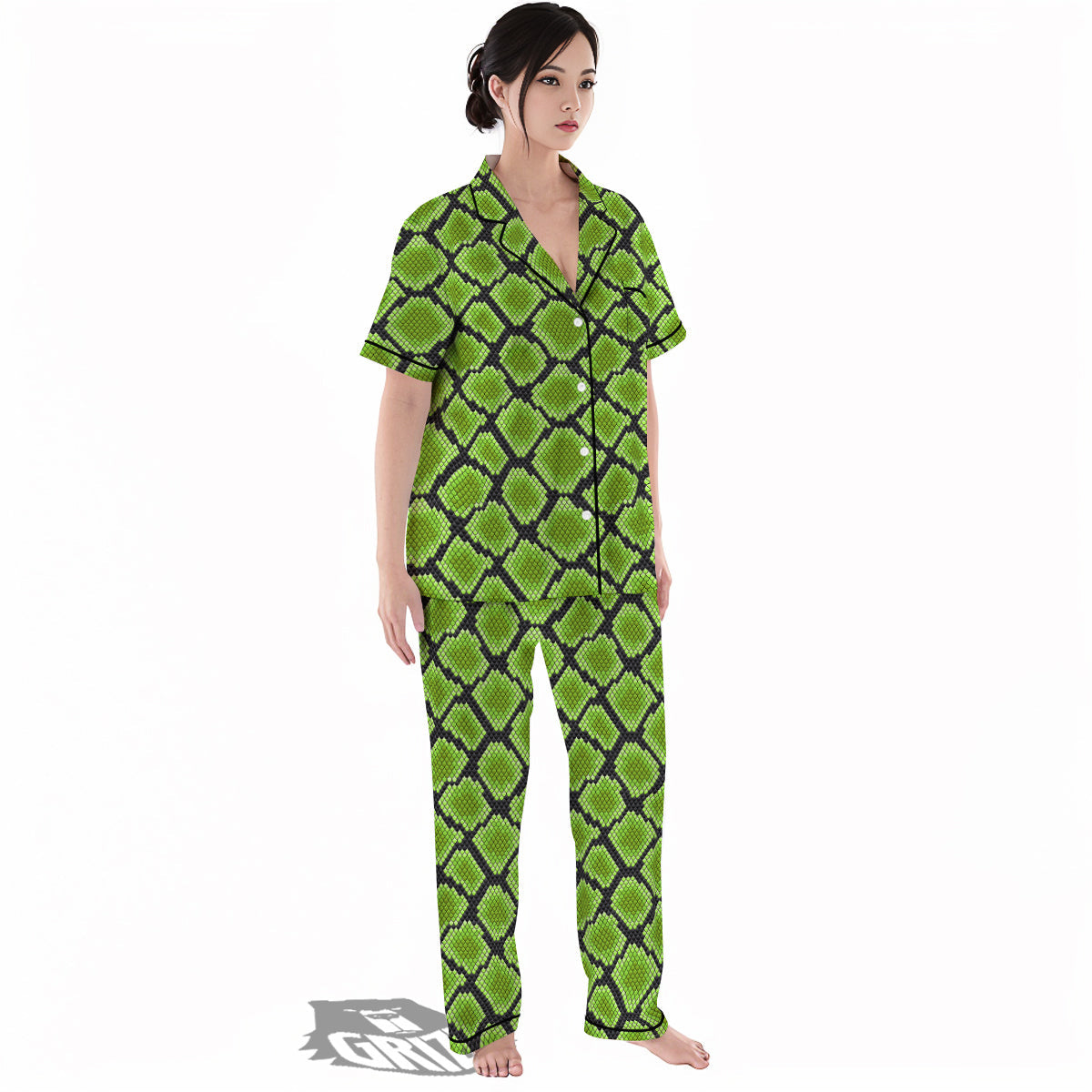 Snakeskin Black And Neon Green Print Women's Pajamas Set-grizzshop
