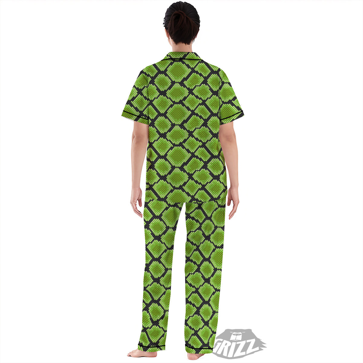 Snakeskin Black And Neon Green Print Women's Pajamas Set-grizzshop