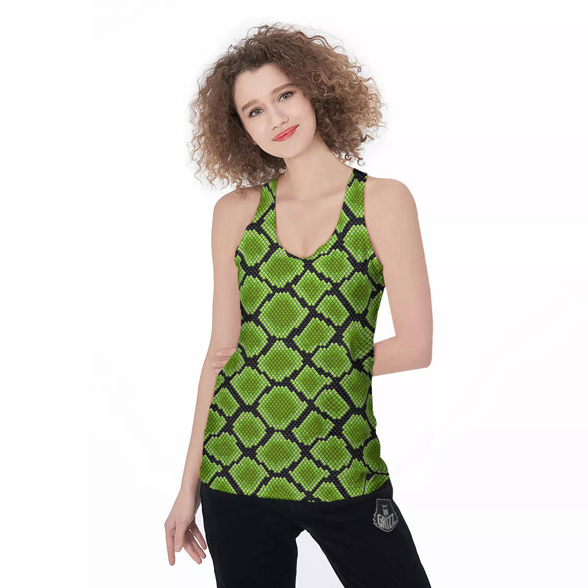 Snakeskin Black And Neon Green Print Women's Racerback Tank Top-grizzshop