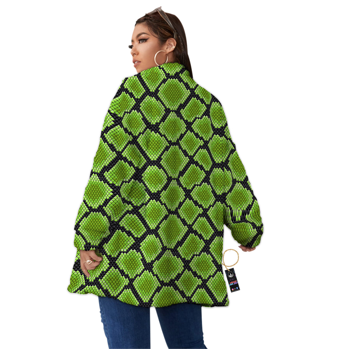 Snakeskin Black And Neon Green Print Women's Sherpa Jacket-grizzshop