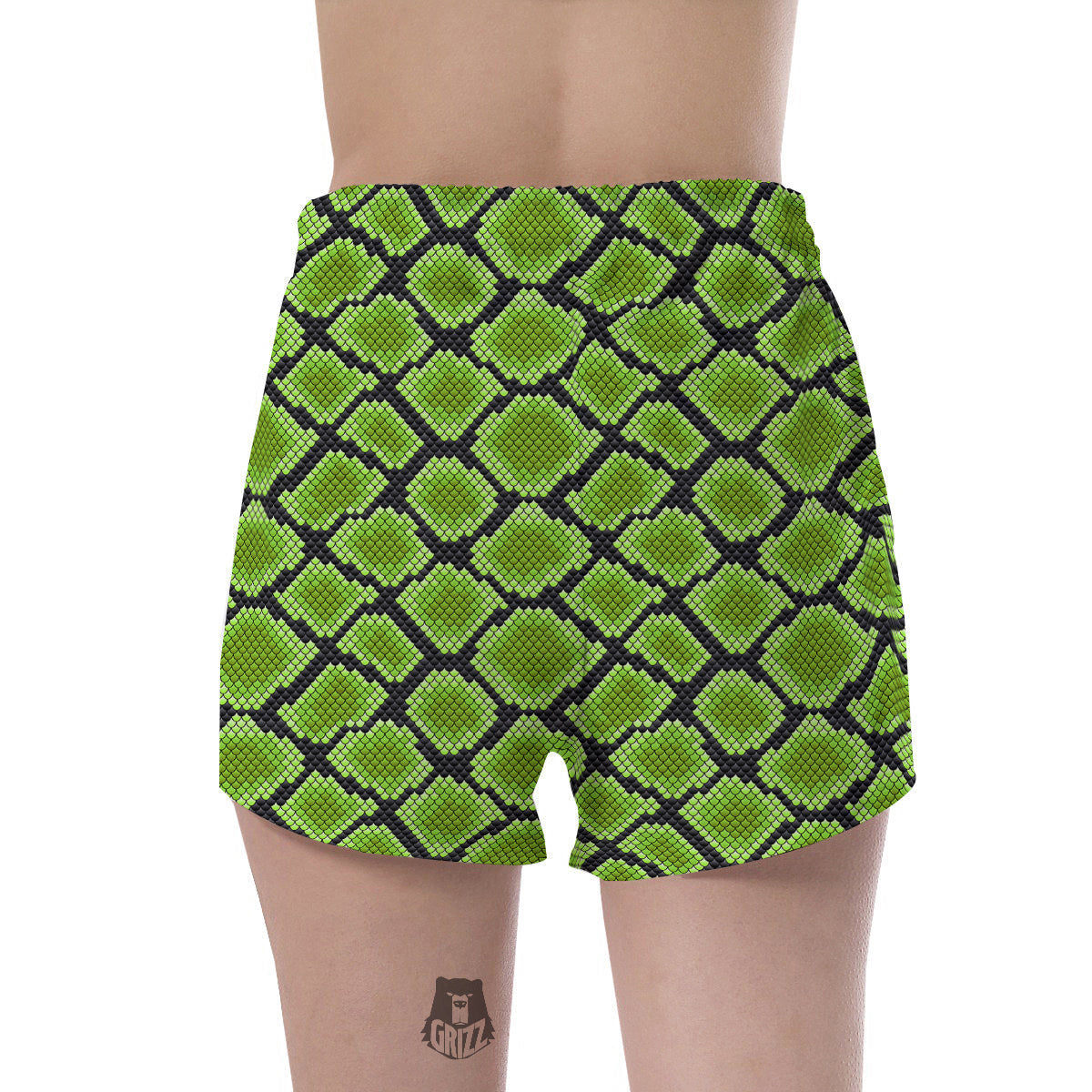 Snakeskin Black And Neon Green Print Women's Shorts-grizzshop