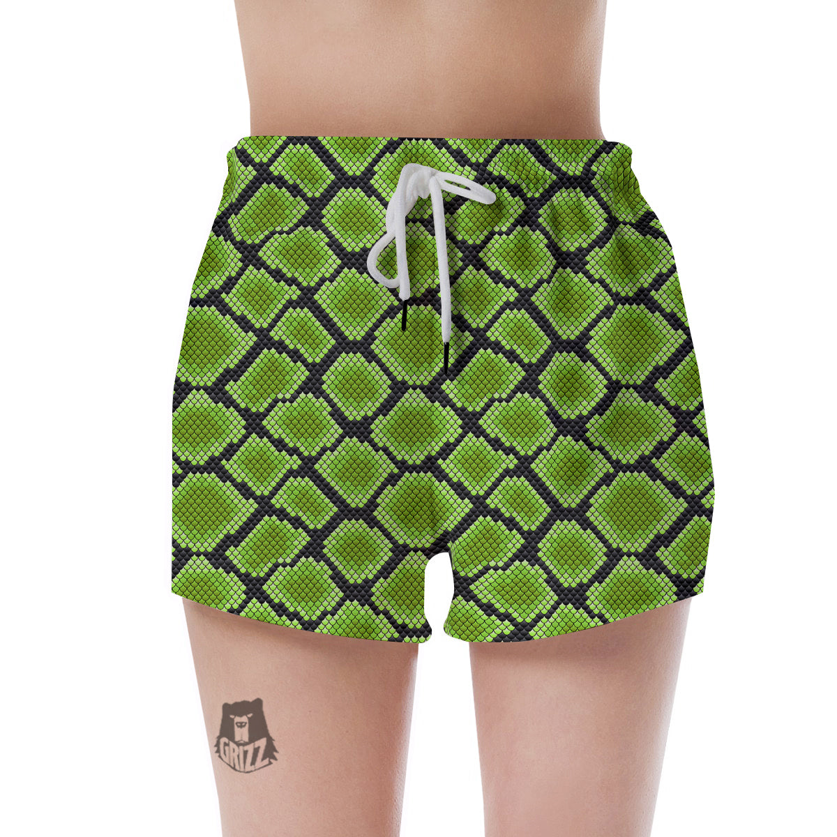 Snakeskin Black And Neon Green Print Women's Shorts-grizzshop
