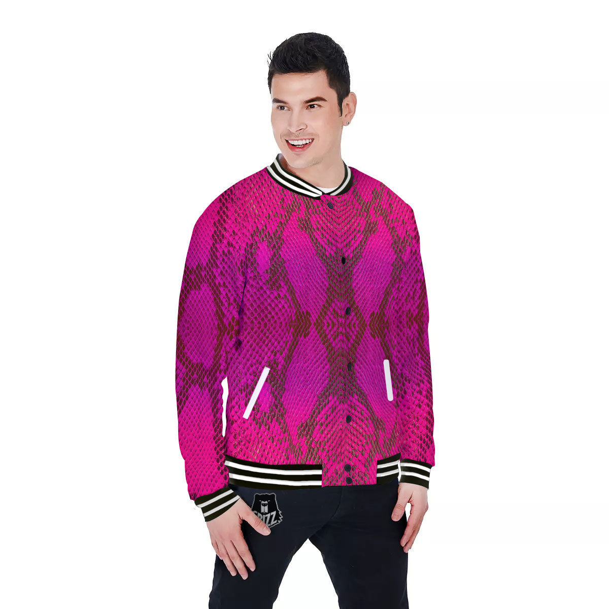 Snakeskin Black And Pink Magenta Print Baseball Jacket-grizzshop