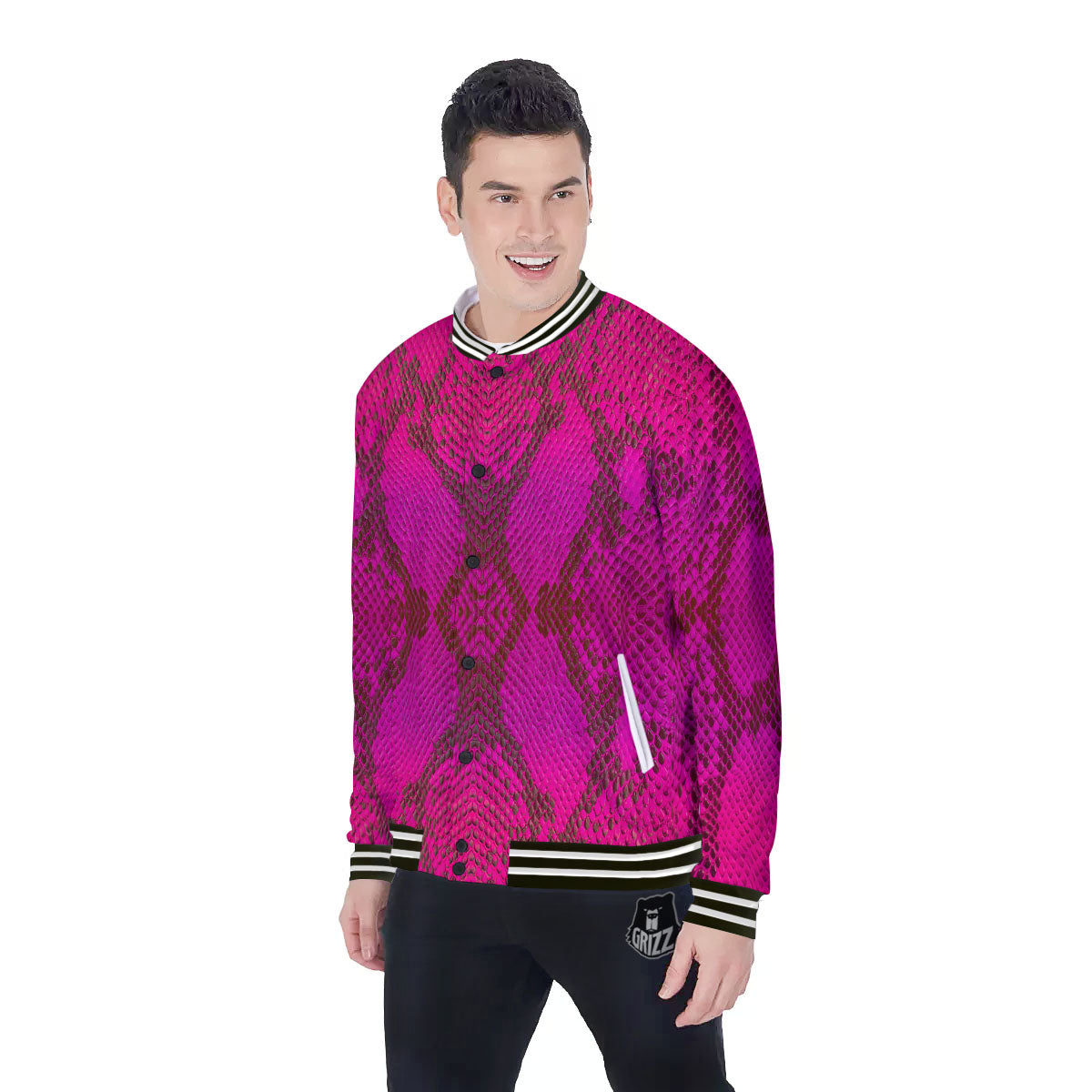 Snakeskin Black And Pink Magenta Print Baseball Jacket-grizzshop