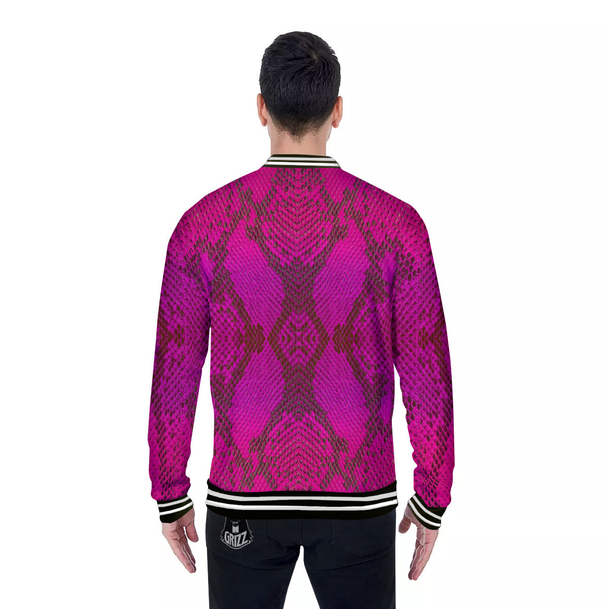 Snakeskin Black And Pink Magenta Print Baseball Jacket-grizzshop
