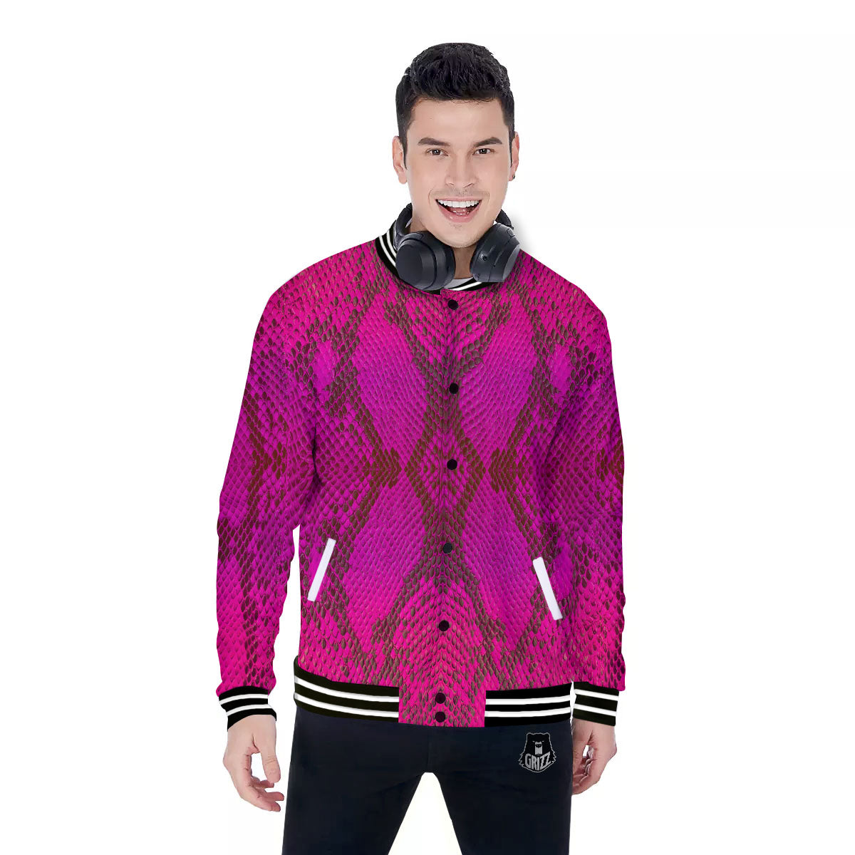 Snakeskin Black And Pink Magenta Print Baseball Jacket-grizzshop