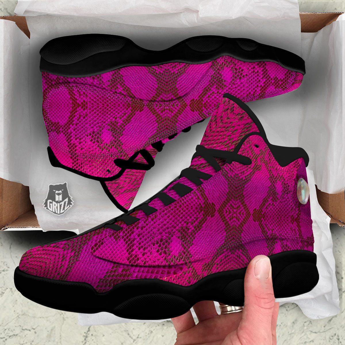 Snakeskin Black And Pink Magenta Print Black Basketball Shoes-grizzshop