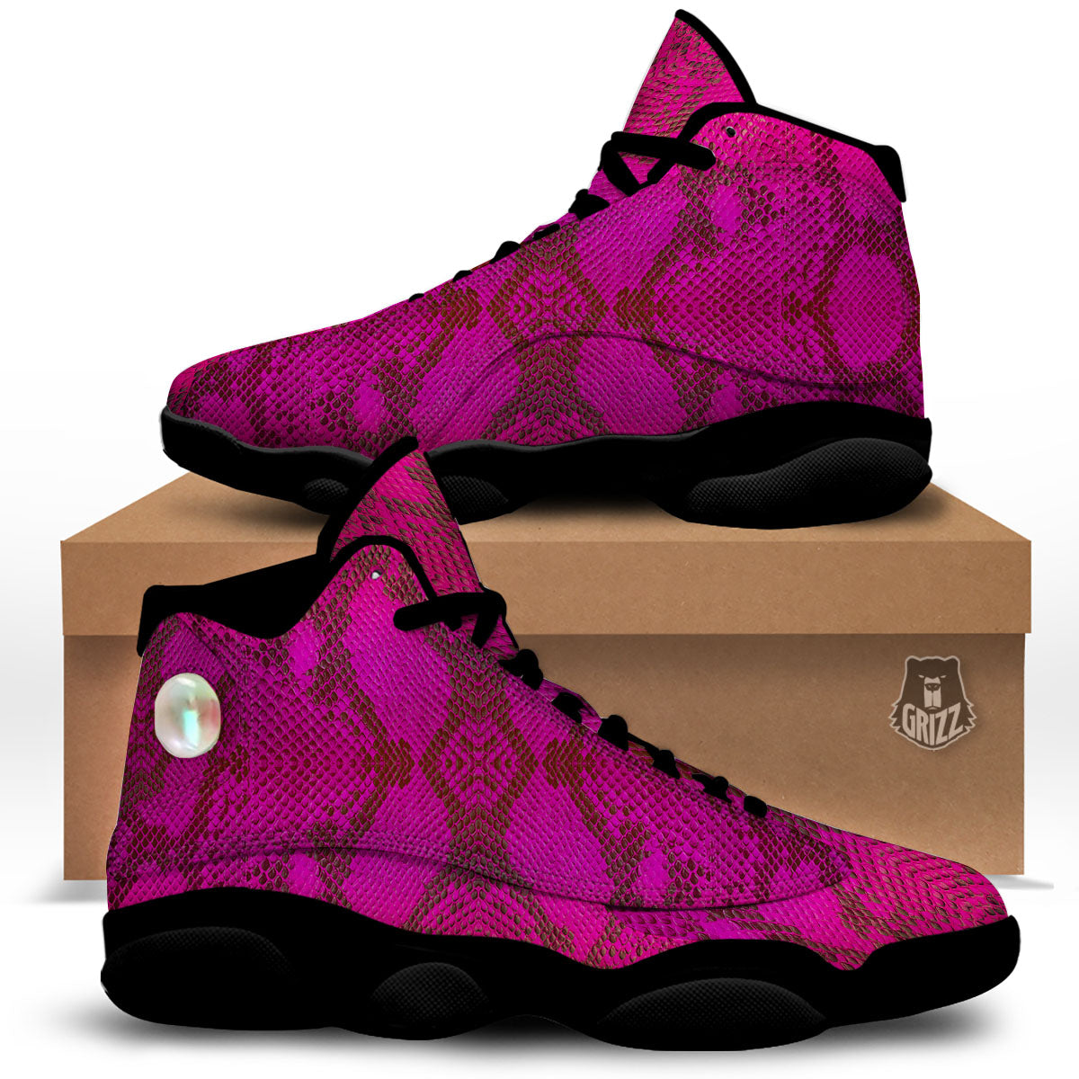 Snakeskin Black And Pink Magenta Print Black Basketball Shoes-grizzshop