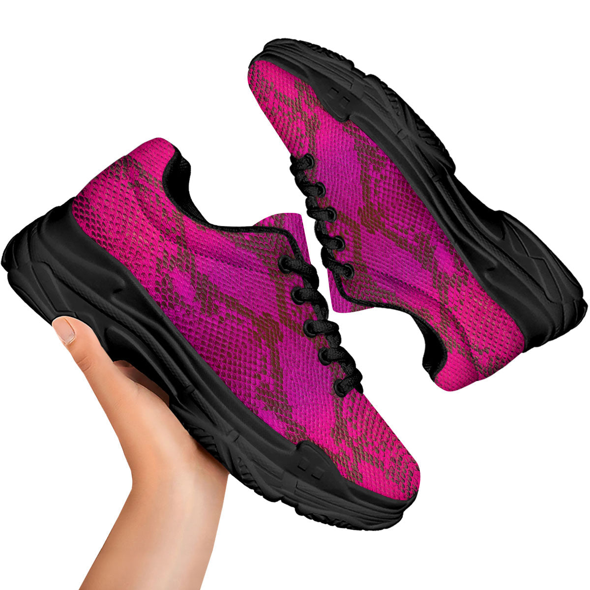 Snakeskin Black And Pink Magenta Print Black Chunky Shoes-grizzshop