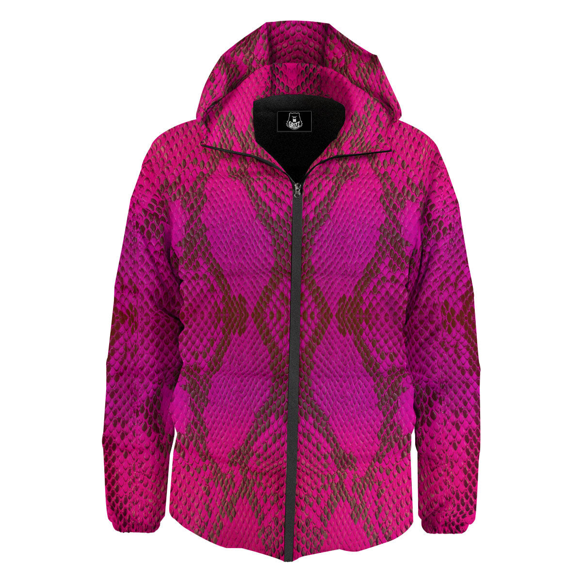 Snakeskin Black And Pink Magenta Print Down Jacket-grizzshop