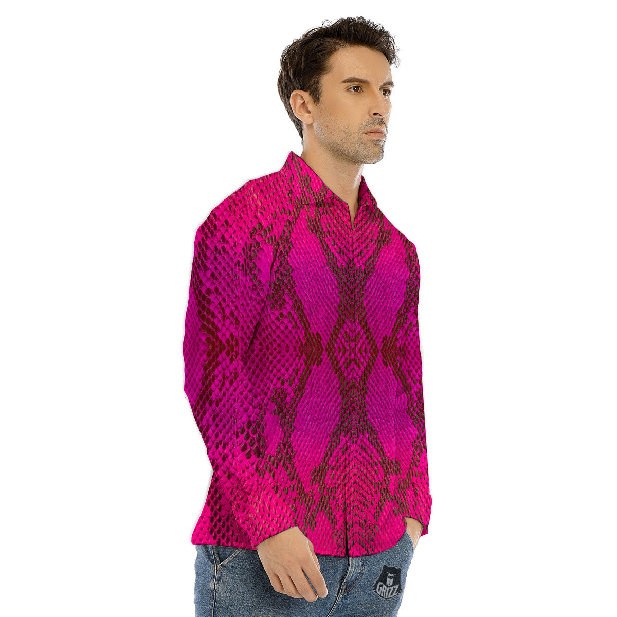 Snakeskin Black And Pink Magenta Print Men's Dress Shirts-grizzshop