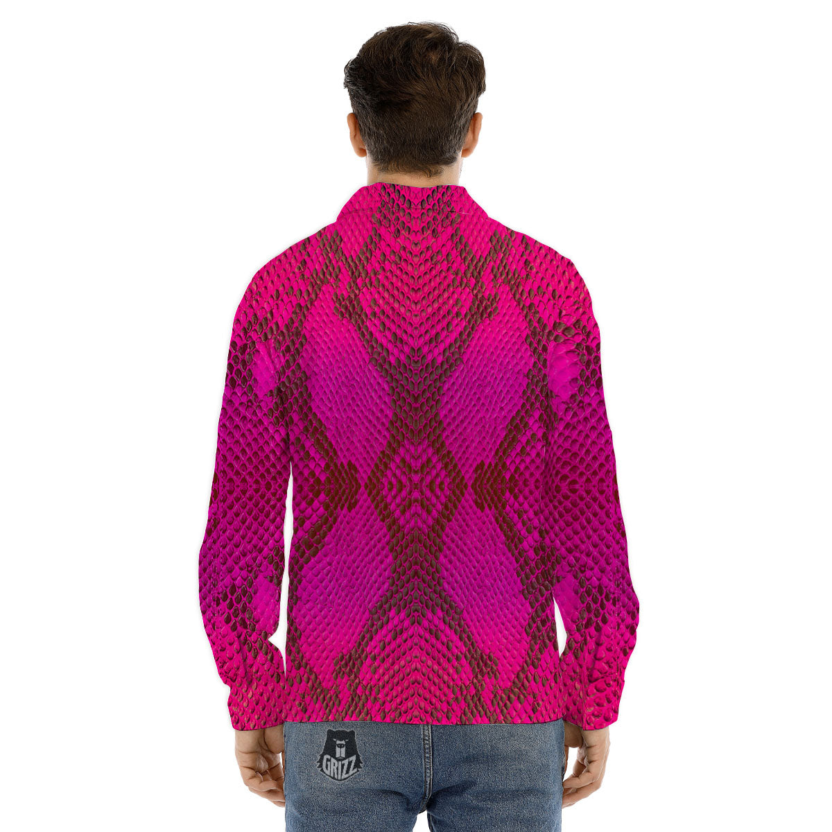 Snakeskin Black And Pink Magenta Print Men's Dress Shirts-grizzshop