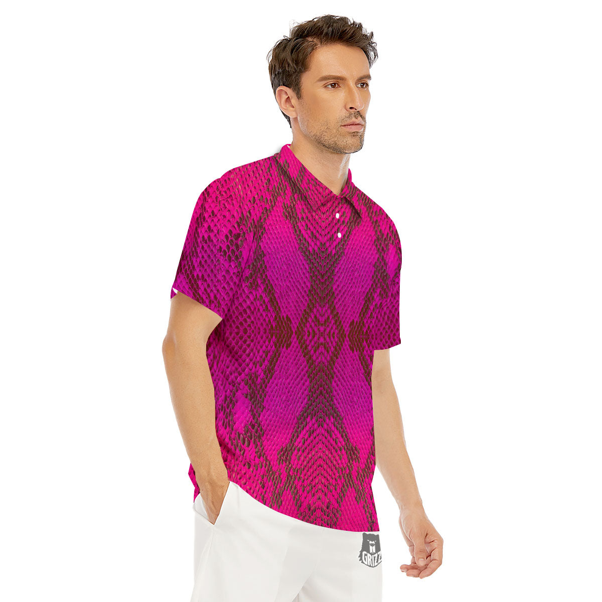 Snakeskin Black And Pink Magenta Print Men's Golf Shirts-grizzshop