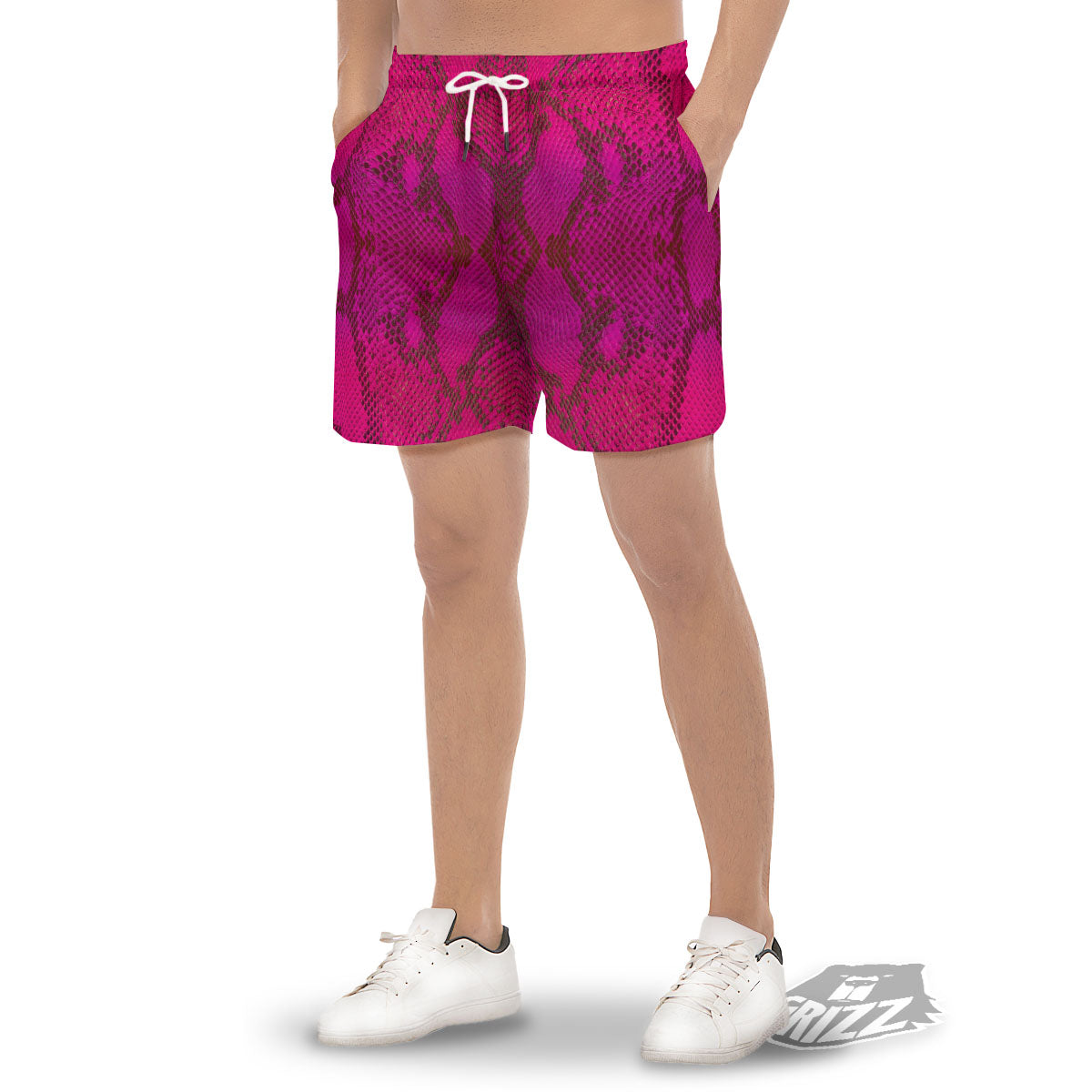 Snakeskin Black And Pink Magenta Print Men's Gym Shorts-grizzshop