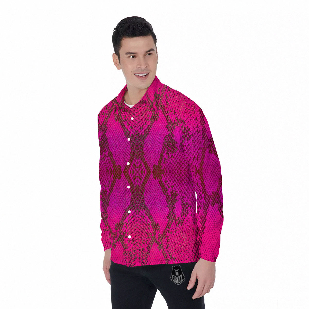 Snakeskin Black And Pink Magenta Print Men's Long Sleeve Shirts-grizzshop