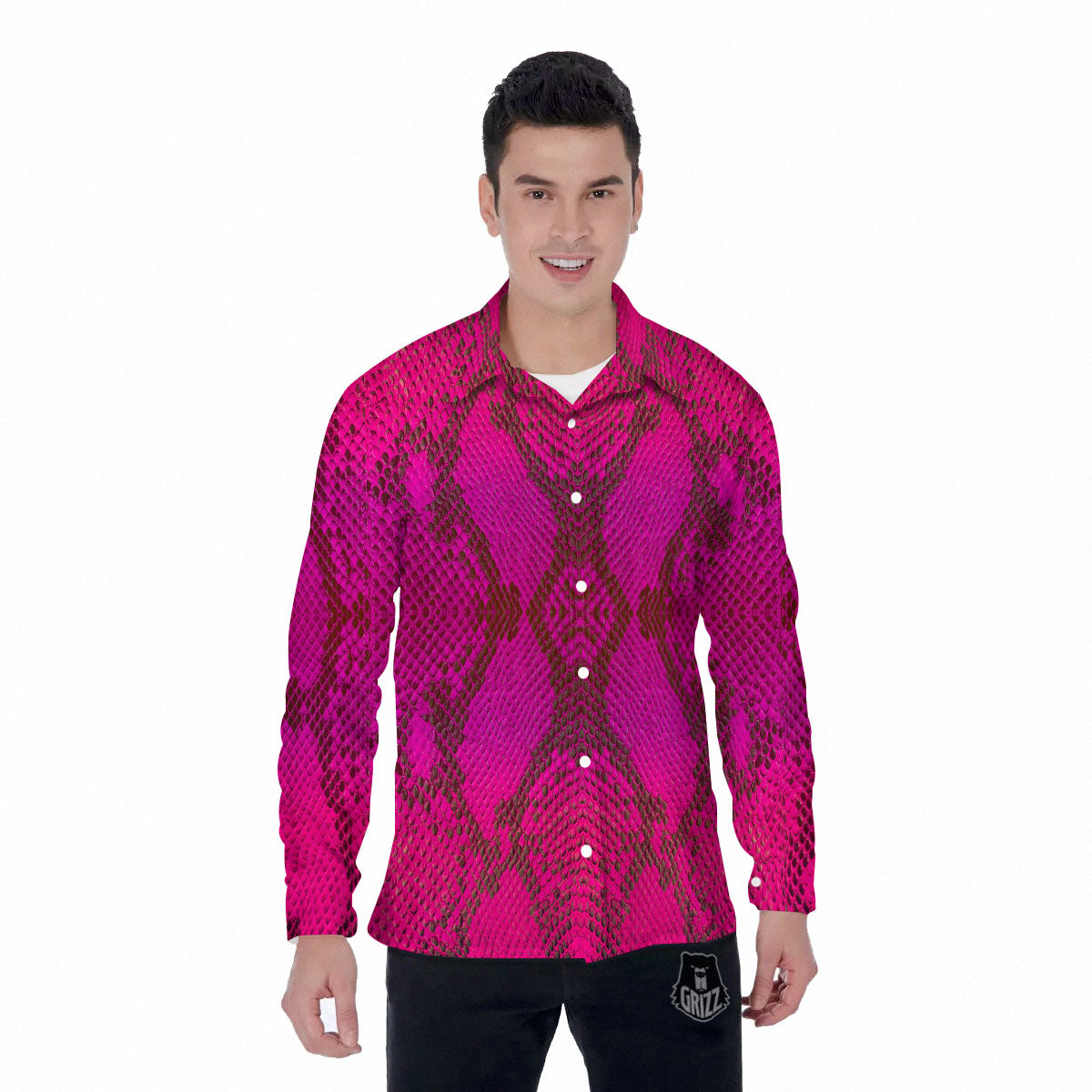 Snakeskin Black And Pink Magenta Print Men's Long Sleeve Shirts-grizzshop