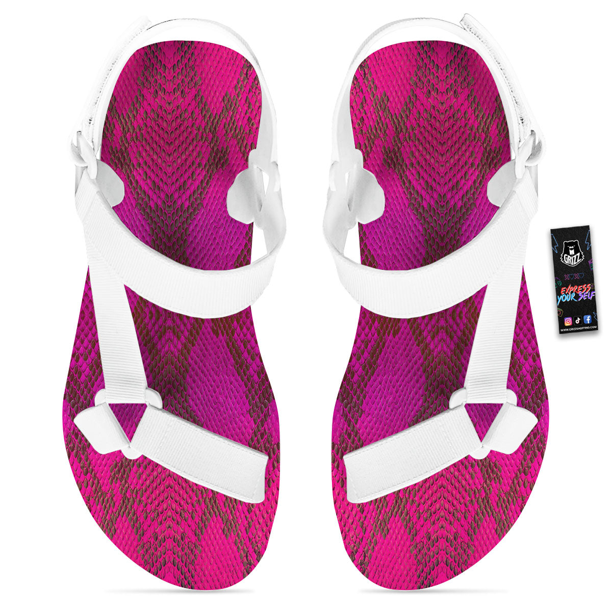 Snakeskin Black And Pink Magenta Print White Open Toe Sandals-grizzshop
