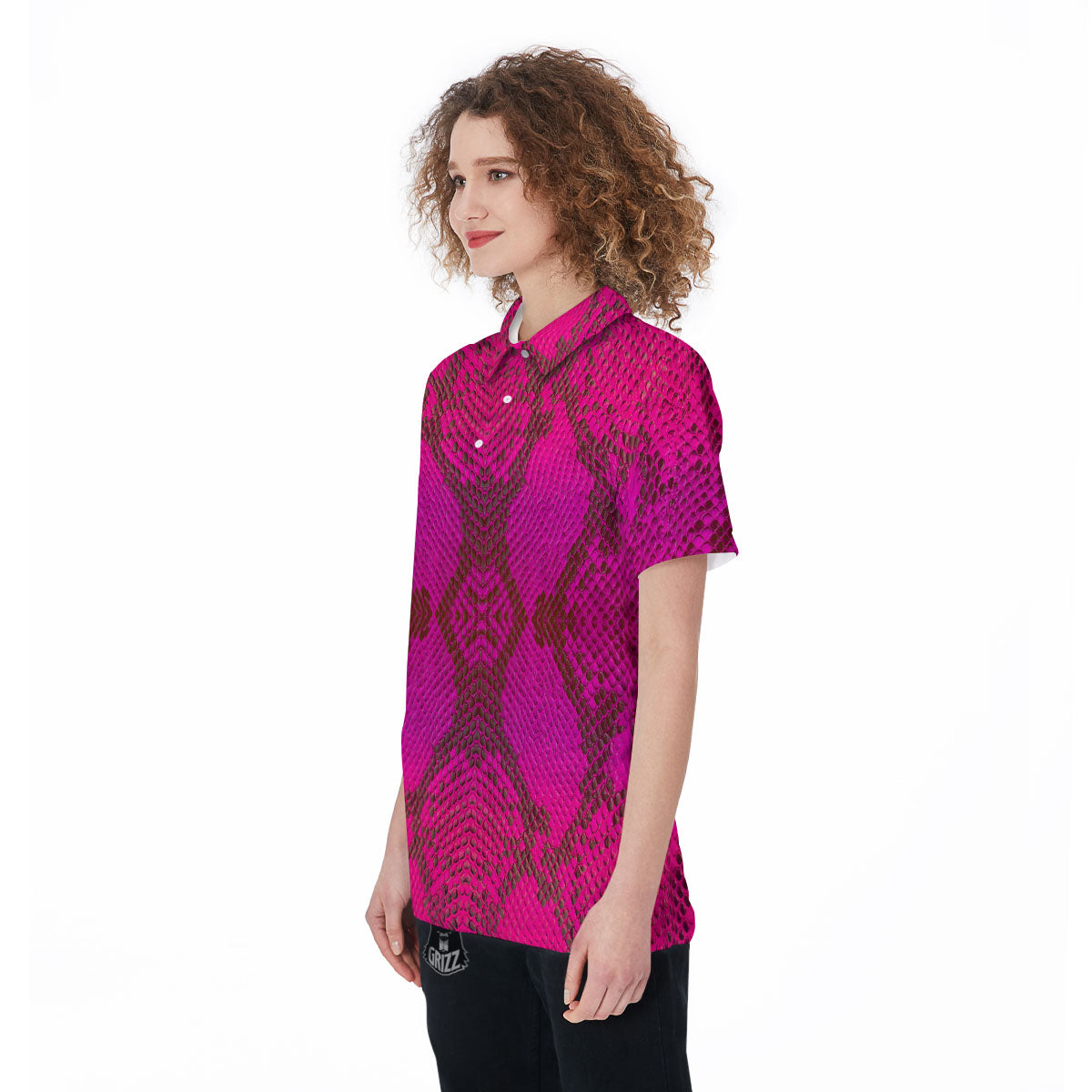 Snakeskin Black And Pink Magenta Print Women's Golf Shirts-grizzshop