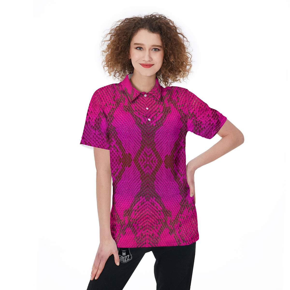 Snakeskin Black And Pink Magenta Print Women's Golf Shirts-grizzshop