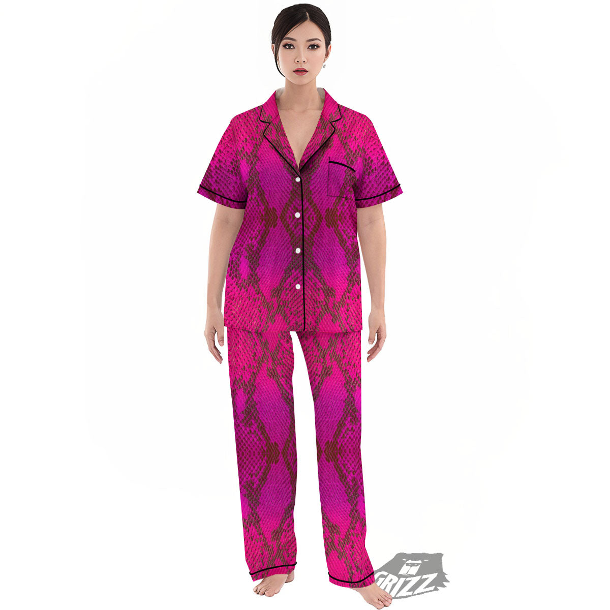 Snakeskin Black And Pink Magenta Print Women's Pajamas Set-grizzshop
