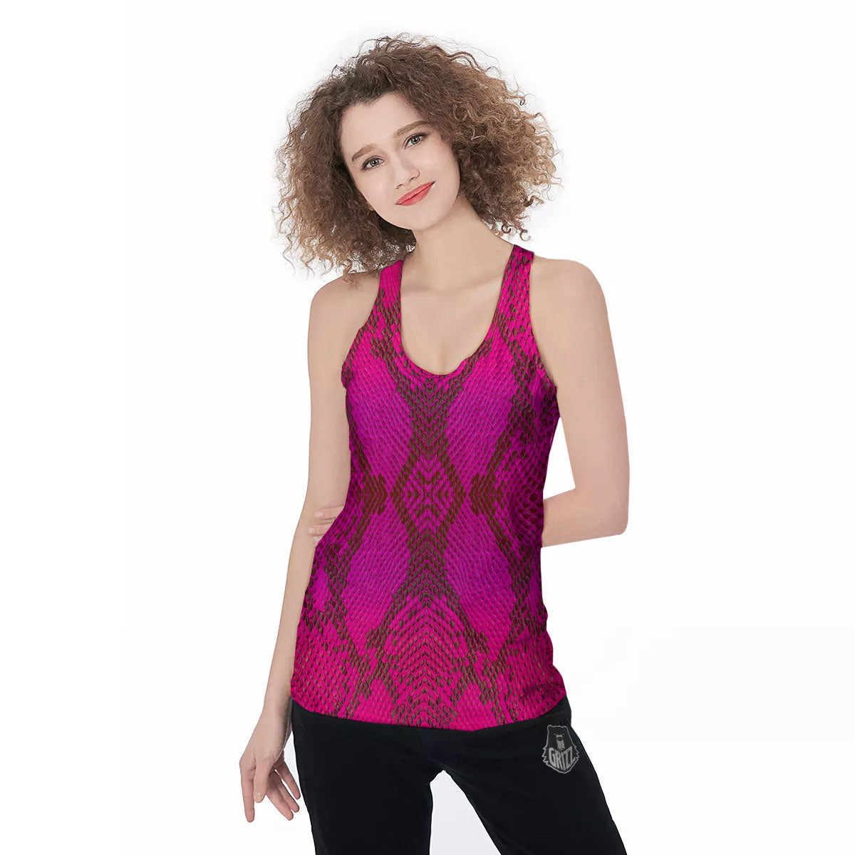 Snakeskin Black And Pink Magenta Print Women's Racerback Tank Top-grizzshop