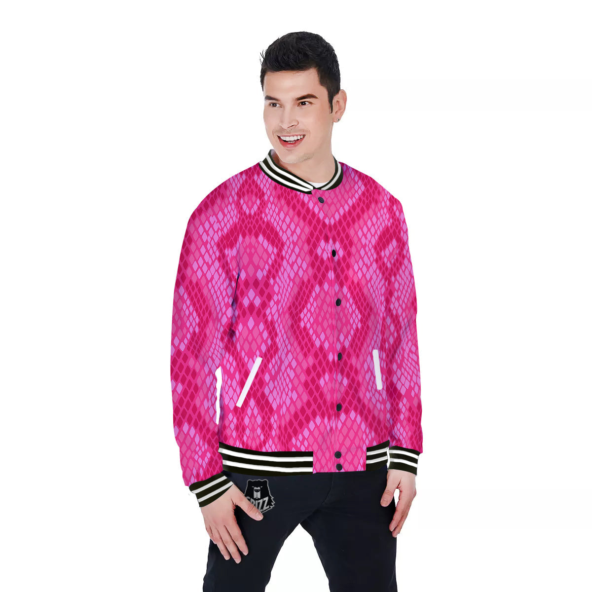 Snakeskin Black And Pink Neon Print Baseball Jacket-grizzshop