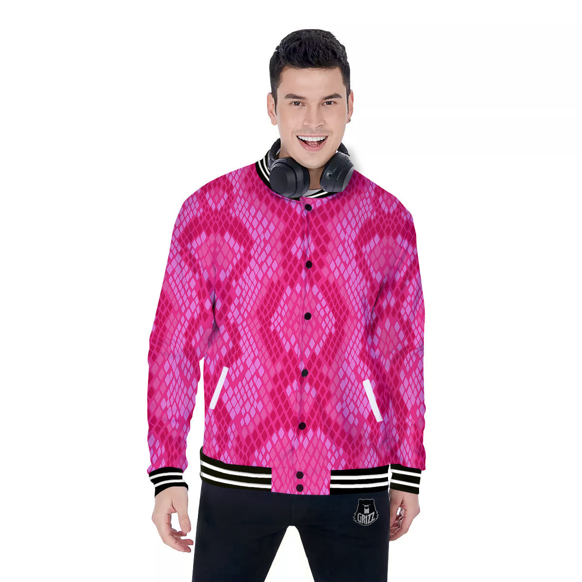 Snakeskin Black And Pink Neon Print Baseball Jacket-grizzshop