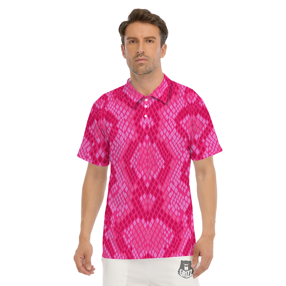 Snakeskin Black And Pink Neon Print Men's Golf Shirts-grizzshop