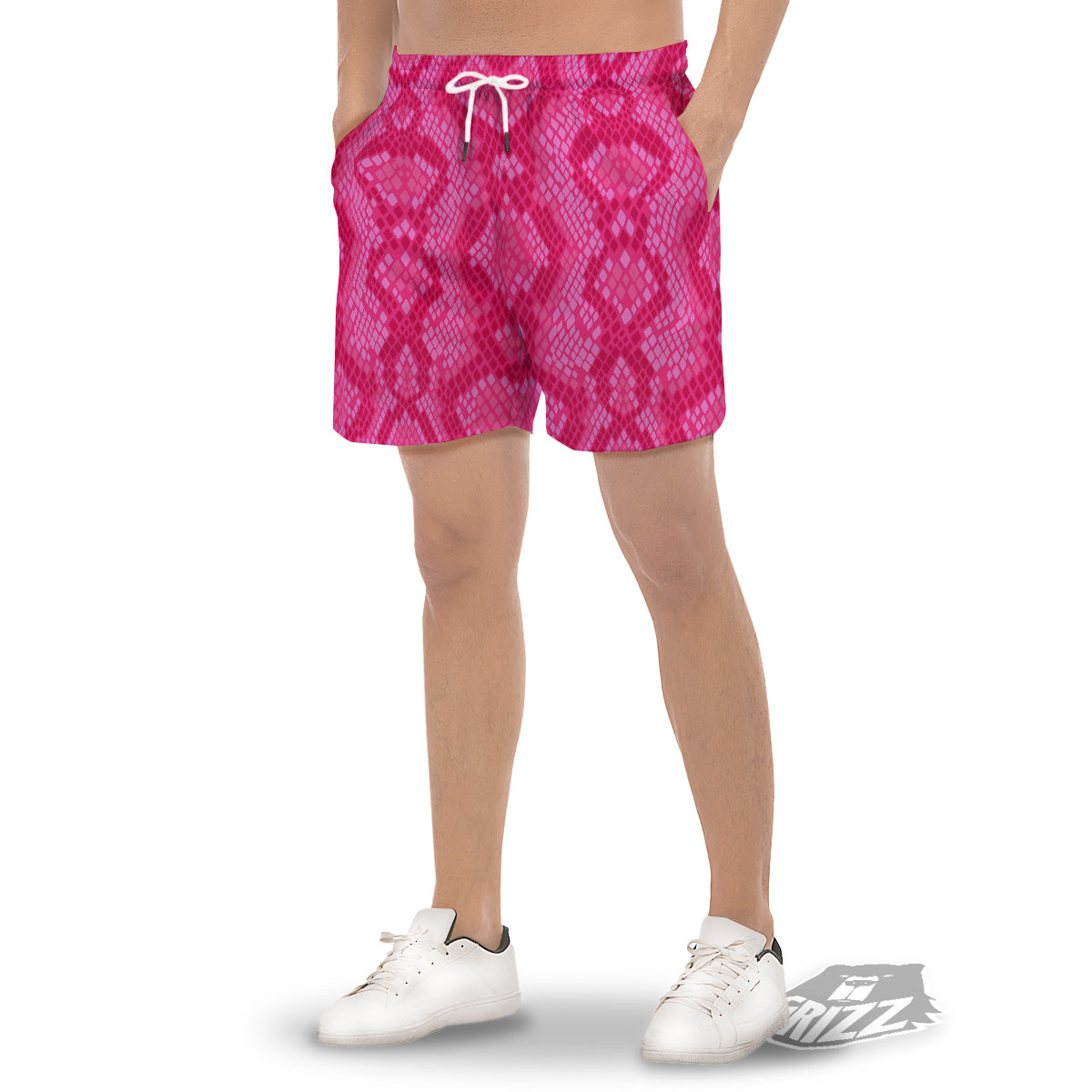 Snakeskin Black And Pink Neon Print Men's Gym Shorts-grizzshop
