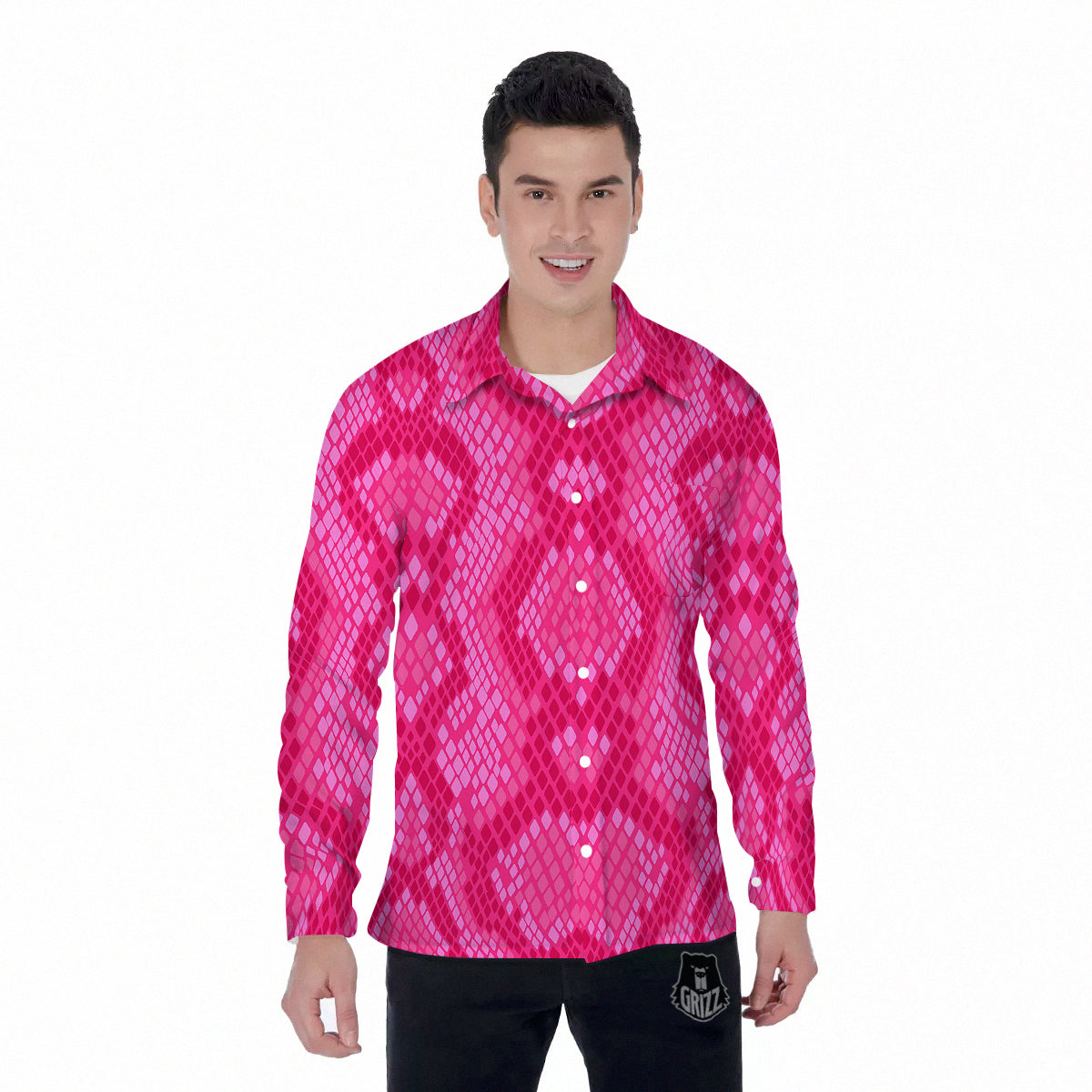 Snakeskin Black And Pink Neon Print Men's Long Sleeve Shirts-grizzshop