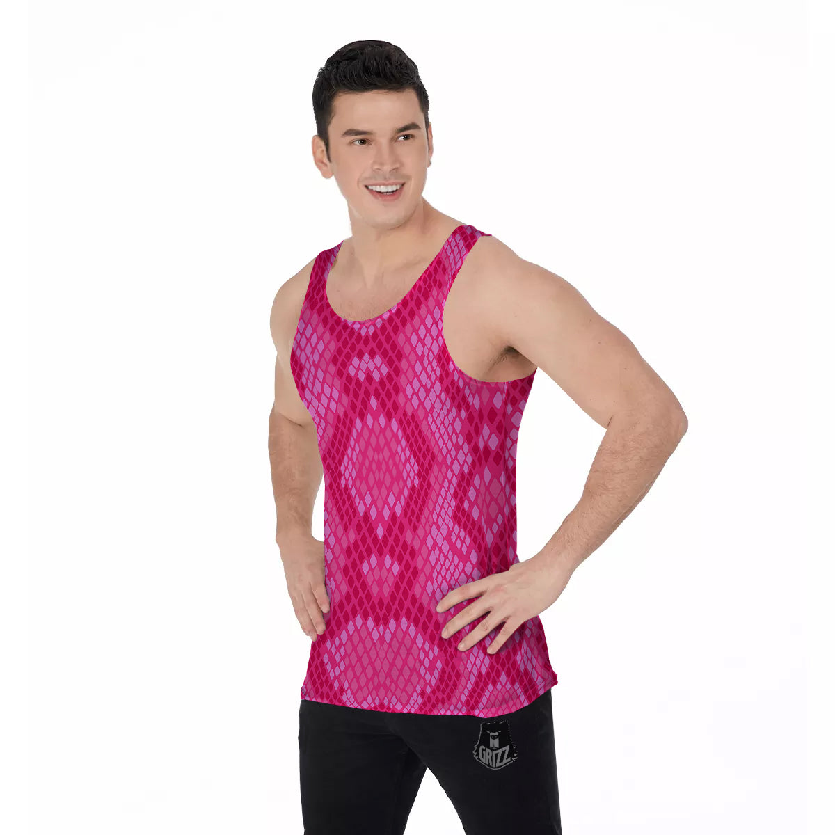 Snakeskin Black And Pink Neon Print Men's Tank Top-grizzshop