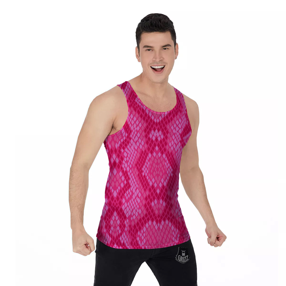 Snakeskin Black And Pink Neon Print Men's Tank Top-grizzshop