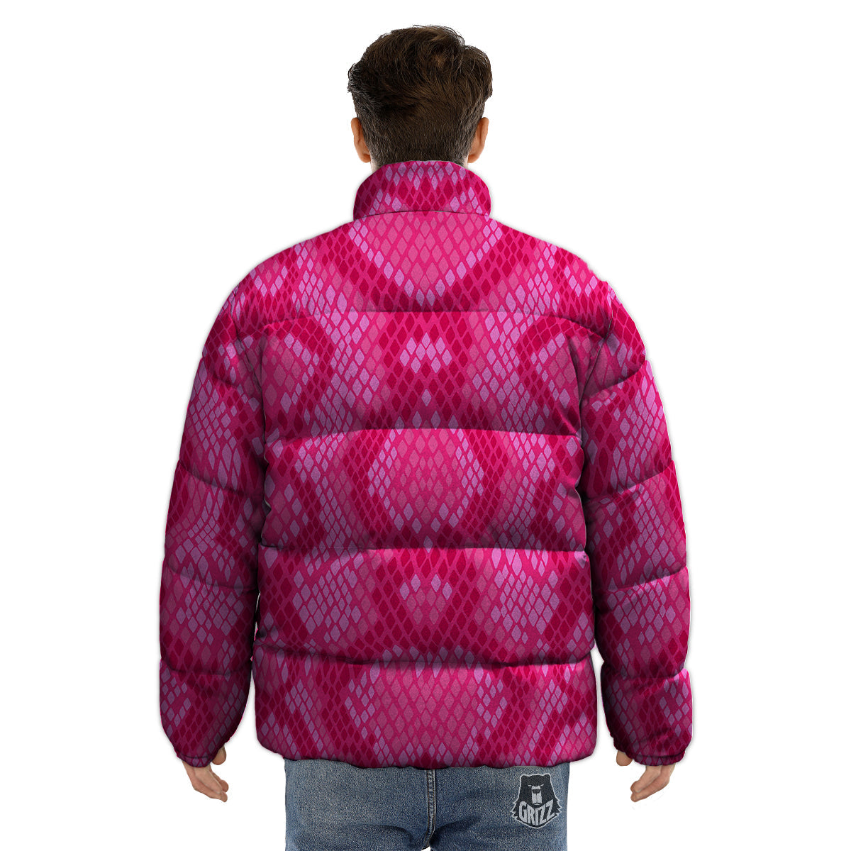 Snakeskin Black And Pink Neon Print Puffer Jacket-grizzshop