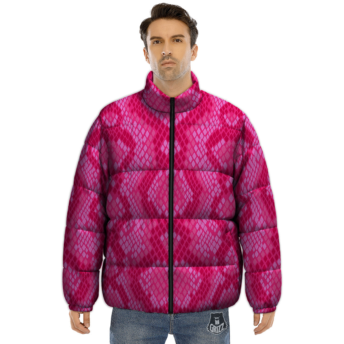 Snakeskin Black And Pink Neon Print Puffer Jacket-grizzshop