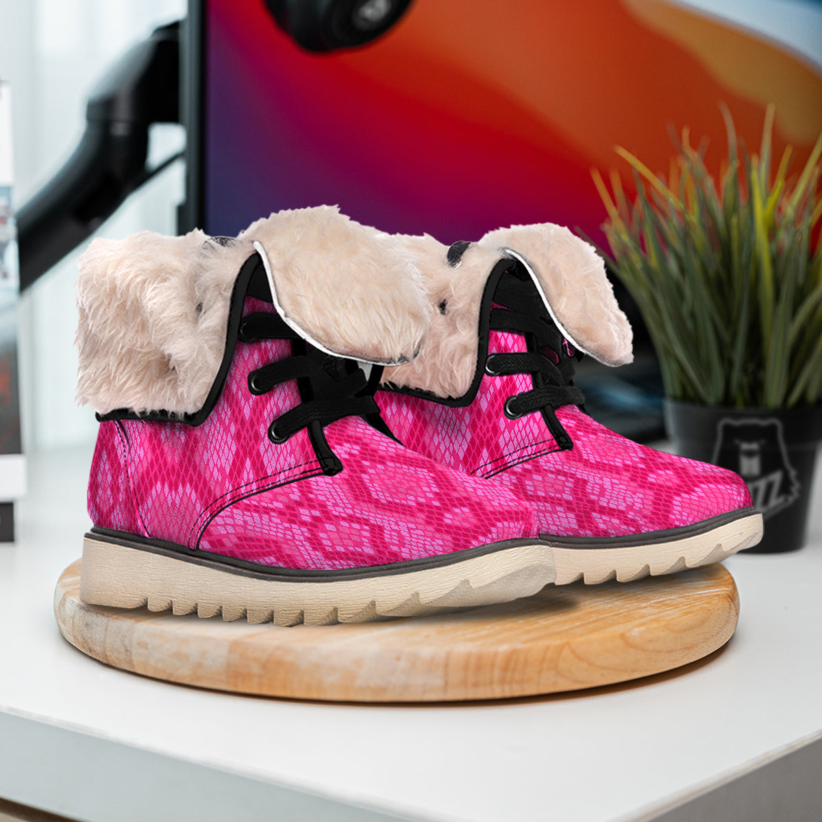 Snakeskin Black And Pink Neon Print Snow Boots-grizzshop