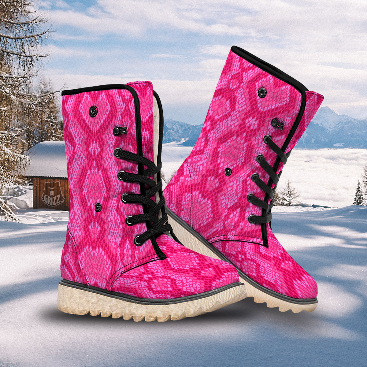 Snakeskin Black And Pink Neon Print Snow Boots-grizzshop