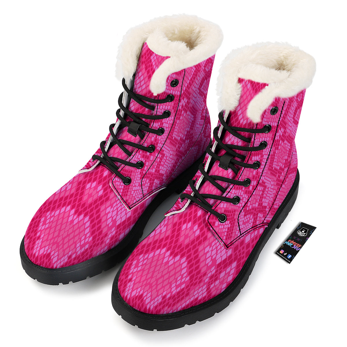 Snakeskin Black And Pink Neon Print Winter Boots-grizzshop