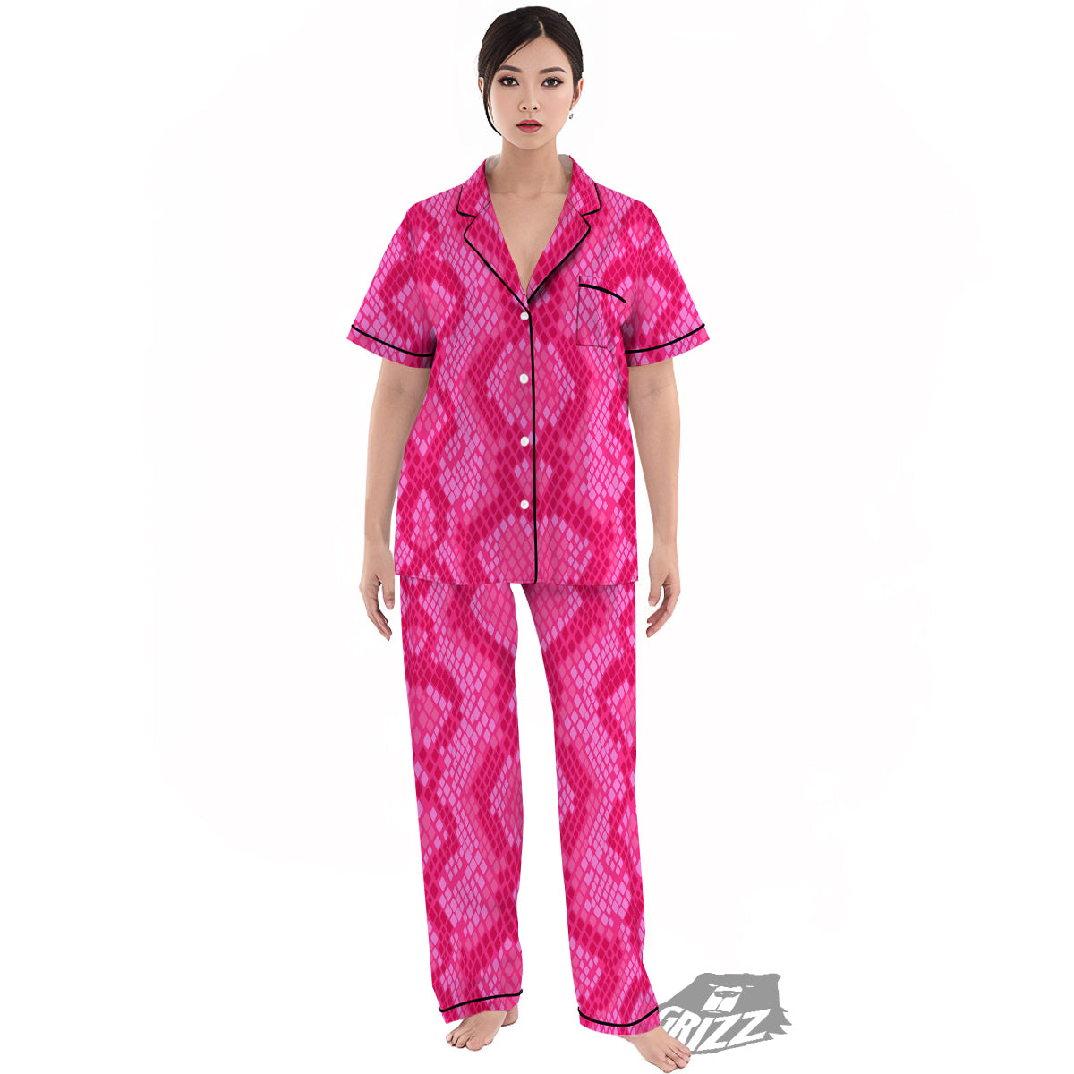 Snakeskin Black And Pink Neon Print Women's Pajamas Set-grizzshop