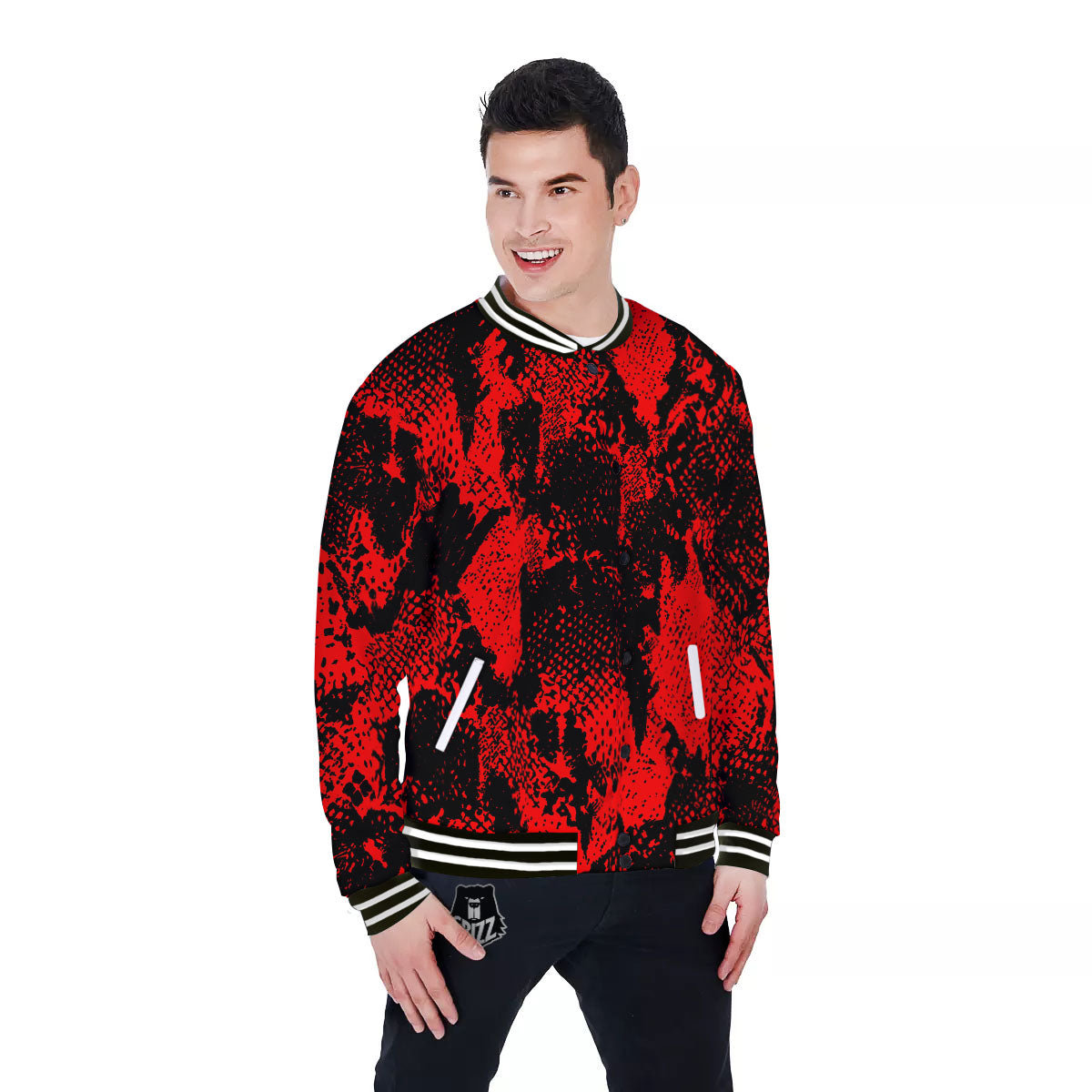 Snakeskin Black And Red Print Baseball Jacket-grizzshop