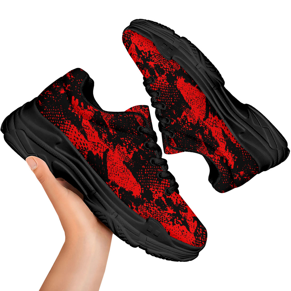 Snakeskin Black And Red Print Black Chunky Shoes-grizzshop