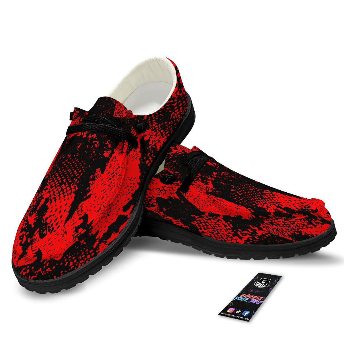 Snakeskin Black And Red Print Black Loafers-grizzshop
