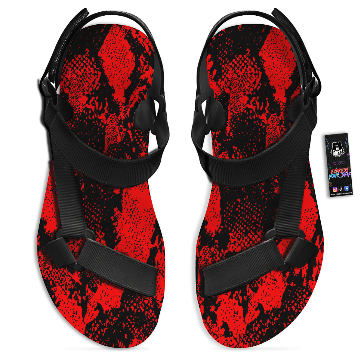 Snakeskin Black And Red Print Black Open Toe Sandals-grizzshop