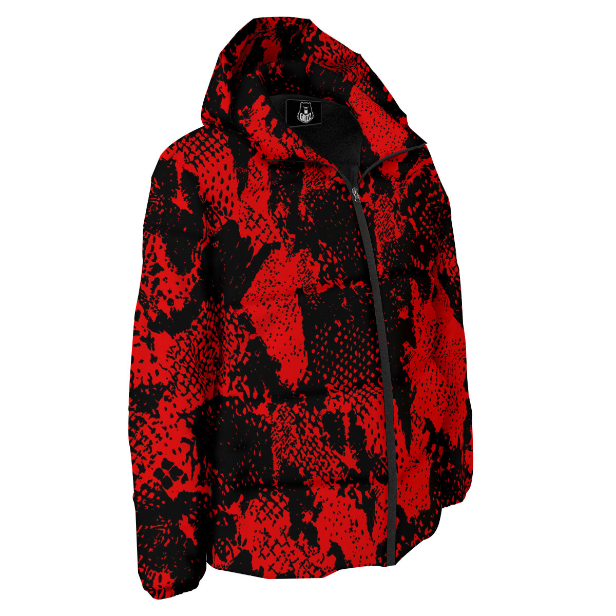 Snakeskin Black And Red Print Down Jacket-grizzshop
