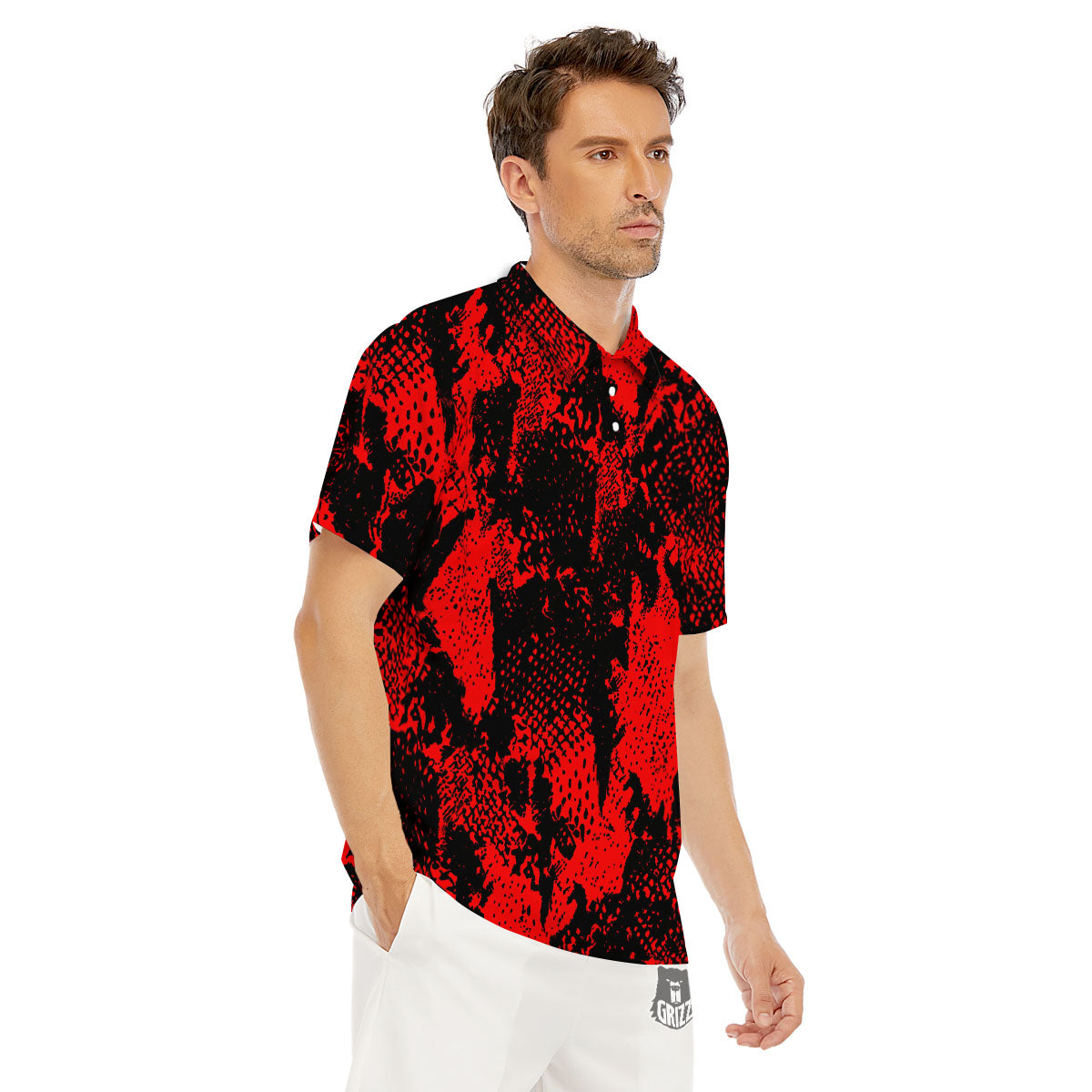 Snakeskin Black And Red Print Men's Golf Shirts-grizzshop