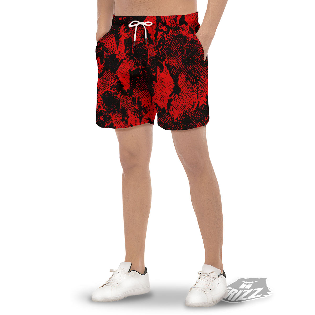 Snakeskin Black And Red Print Men's Gym Shorts-grizzshop